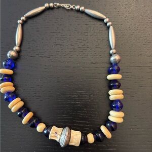 Vintage beaded glass bone and silver choker necklace